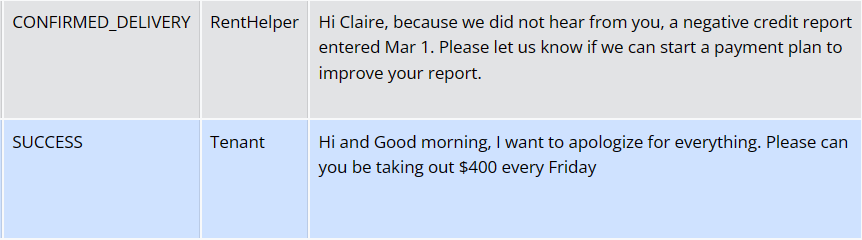 A text from RentHelper reads, Hi Claire, because we did not hear from you, a negative recredit report entered Mar 1. Please let us know if we can start a payment plan to improve your credit. The renter responded, Hi and Good morning, I want to apologize for everything. Please can you be taking out $400 every Friday.