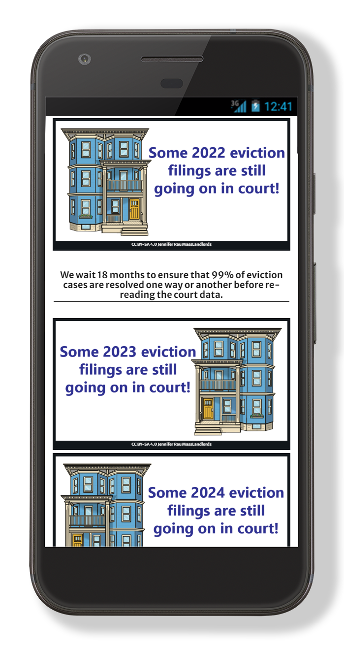 A mobile phone has a browser open to the MassLandlords eviction data page showing cases going on in court long after being filed.