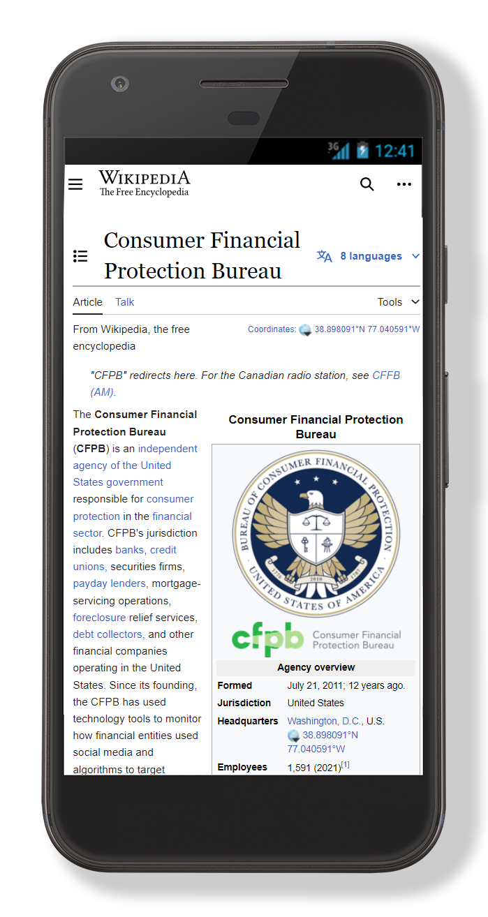 A mobile phone showing a browser window for wikipedia's page on the Consumer Financial Protection Bureau.