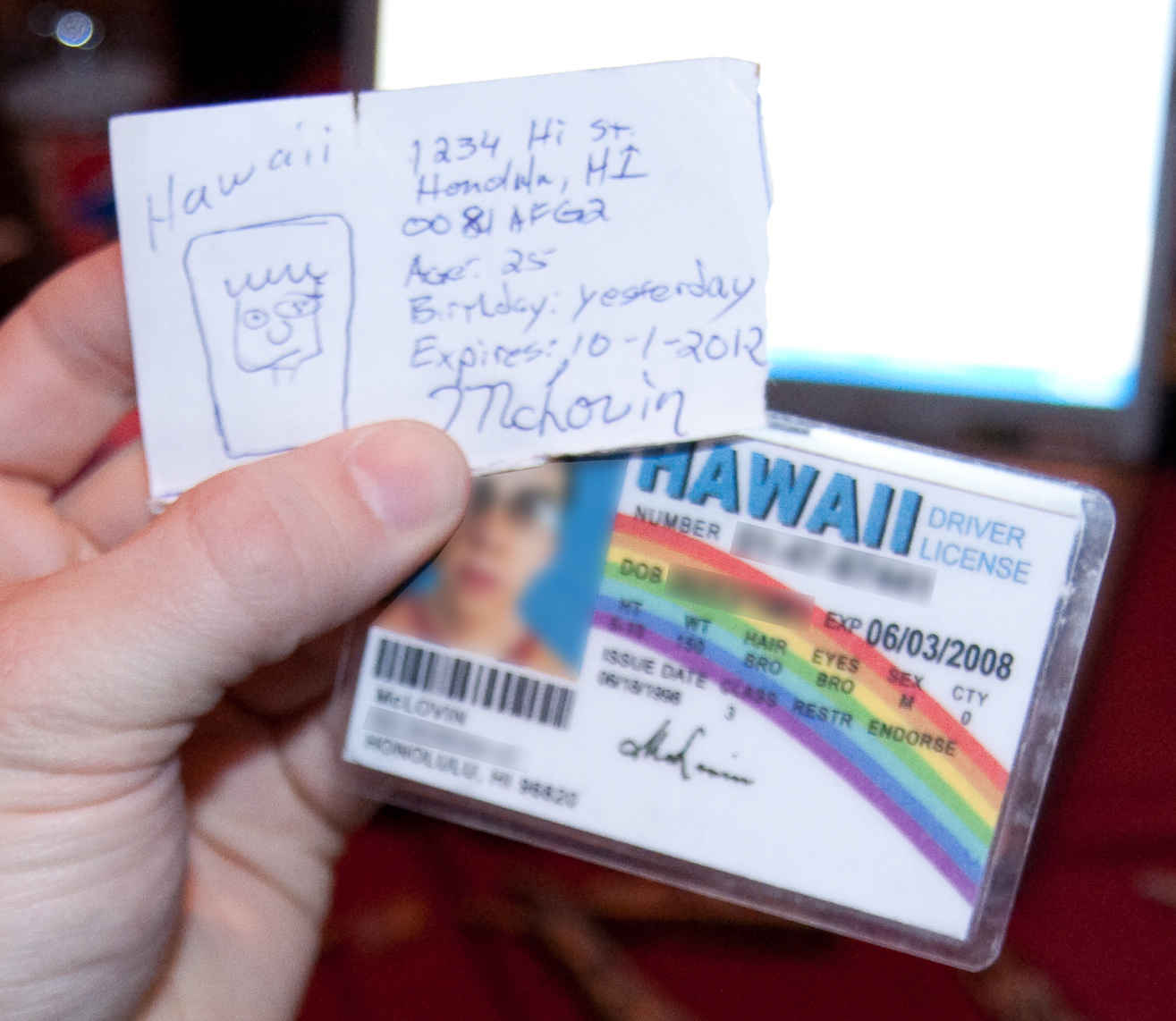 A scribbled ID vs. a fake Hawaiian id. derivative of cc-by sa 2 drew stephens flickr